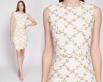 60s Embroidered Floral Mini Sheath Dress Small | Vintage White Pink Sleeveless Wiggle Pencil Dress