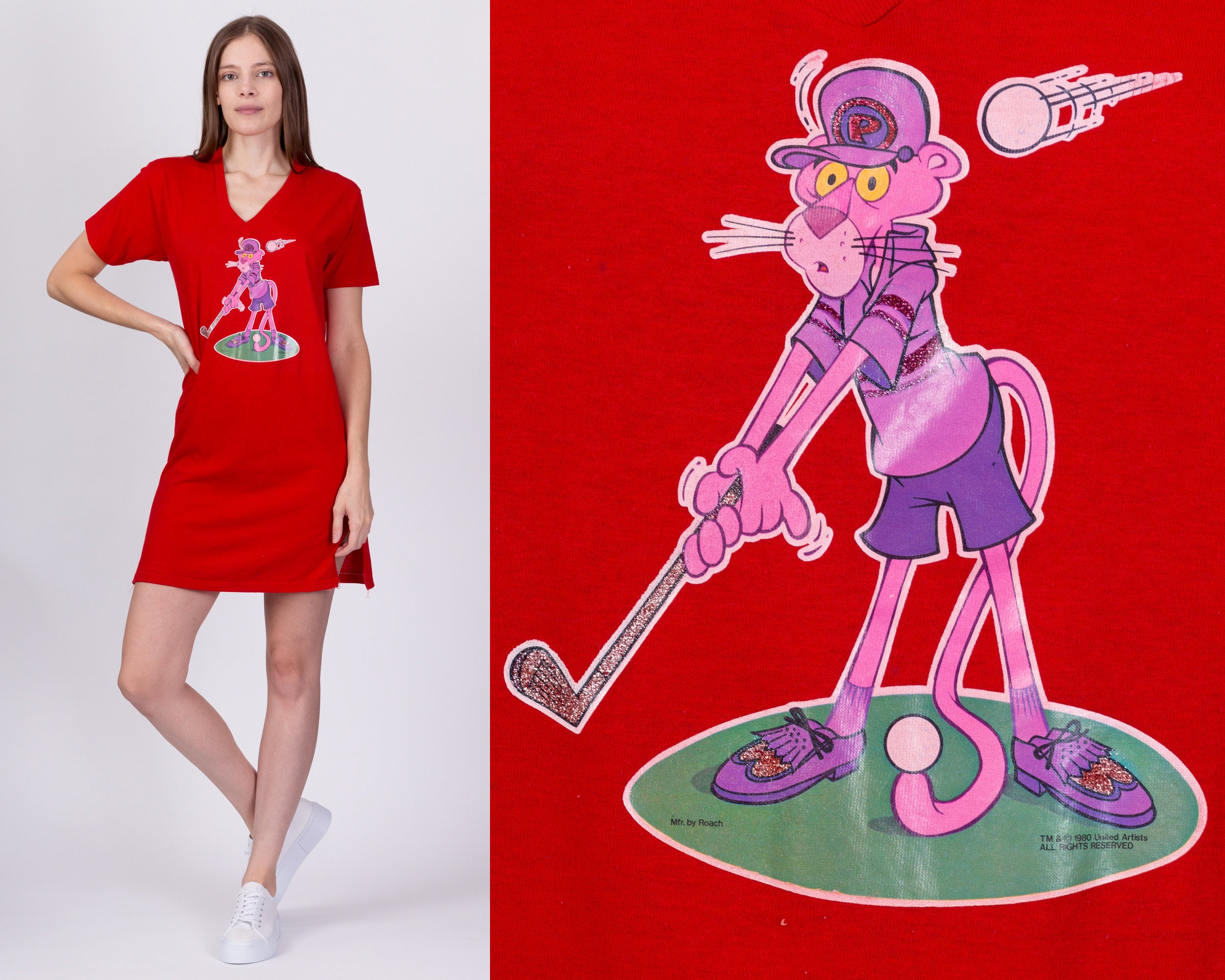 Medium 80s Pink Panther Pajama Mini Dress Vintage Red Iron on