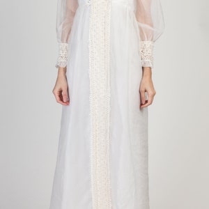 60s 70s Emma Domb White Swiss Dot Maxi Dress, As Is Petite XS Vintage Crochet Trim Boho Empire Waist Gown image 2