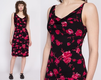 Small 90s Black Rose Floral Cowl Neck Dress | Vintage Slinky Sleeveless Midi Party Dress