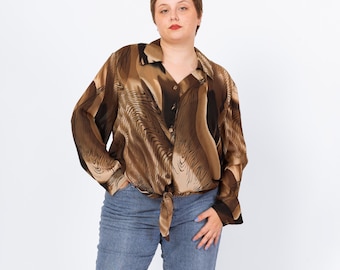 Vintage 80s Sheer Animal Print Cropped Tie Front Blouse - 2X | Boho Plus Size Button Up Top, Grunge Long Sleeve Crop Top