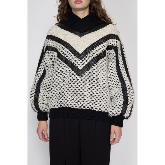 Sm-Lrg 80s Black & White Leather Striped Sweater … - image 3