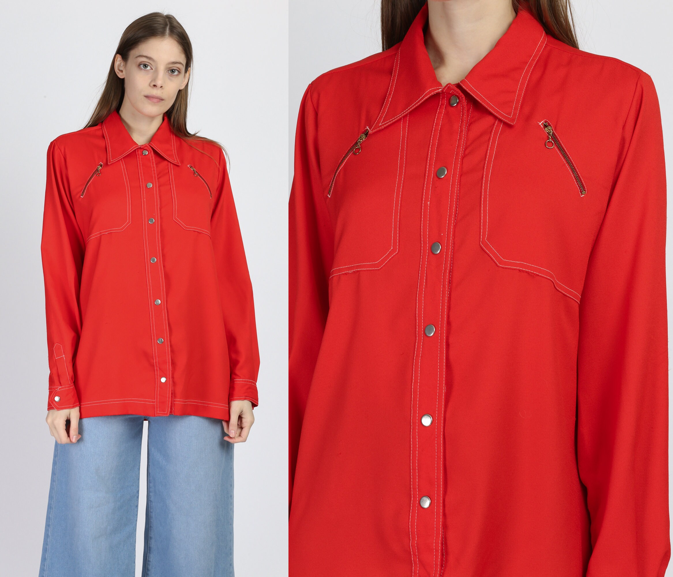 70s Red Mod Snap Button Shirt Men's 