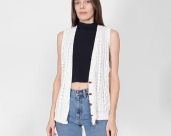 Medium 80s White Cotton Cable Knit Sweater Vest | Vintage Boho Button Up Sleeveless Cardigan