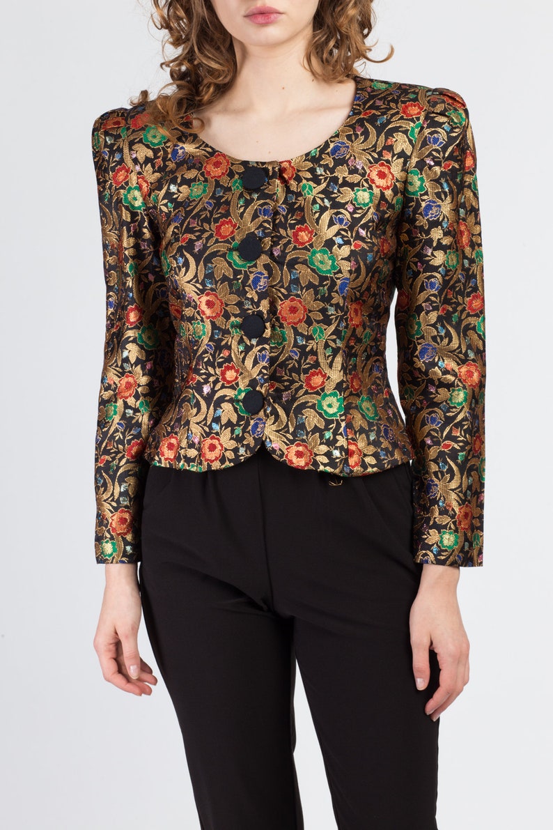 80s Metallic Floral Brocade Crop Top Small Vintage Long Sleeve Button Up Jacket Shirt