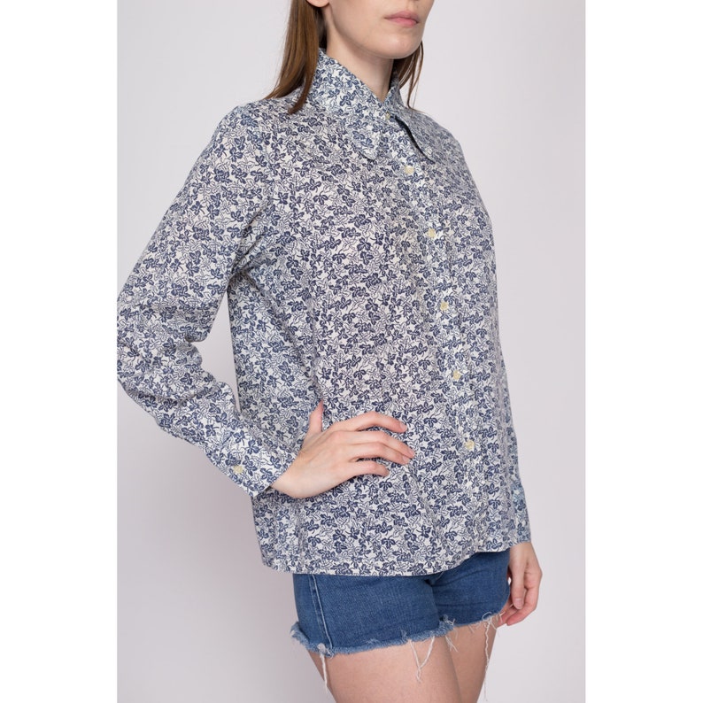 Large 70s Oak Leaf Print Dog Ear Collar Shirt Vintage Blue White Long Sleeve Collared Disco Top image 4