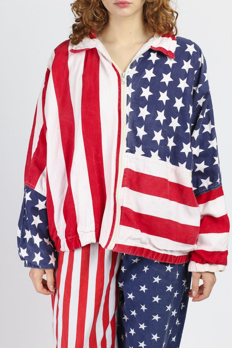90s American Flag Print Oversize Cotton Windbreaker Vintage Lightweight Zip Up Jacket Large