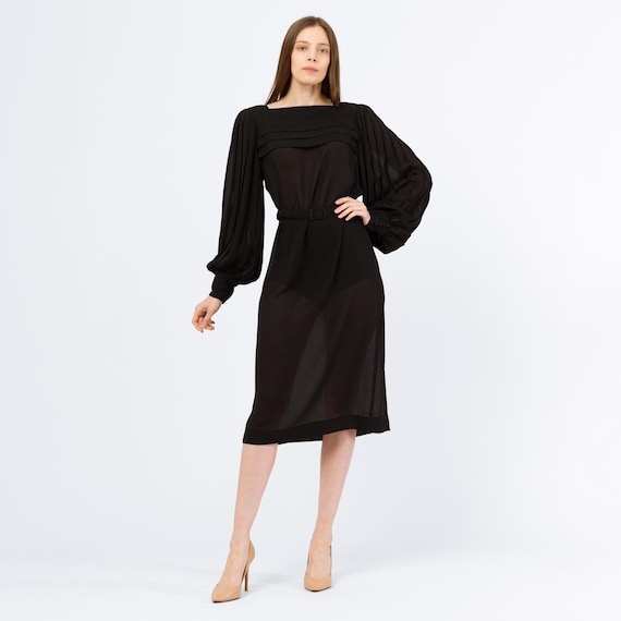 midi black dress with sheer sleeves AKIRA She Means Business Tie Detail Mesh Midi Dress | Black main image 0