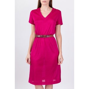 70s 80s Hot Pink Knit Dress Medium Vintage Semi Sheer Retro Fitted Waist Dress image 2