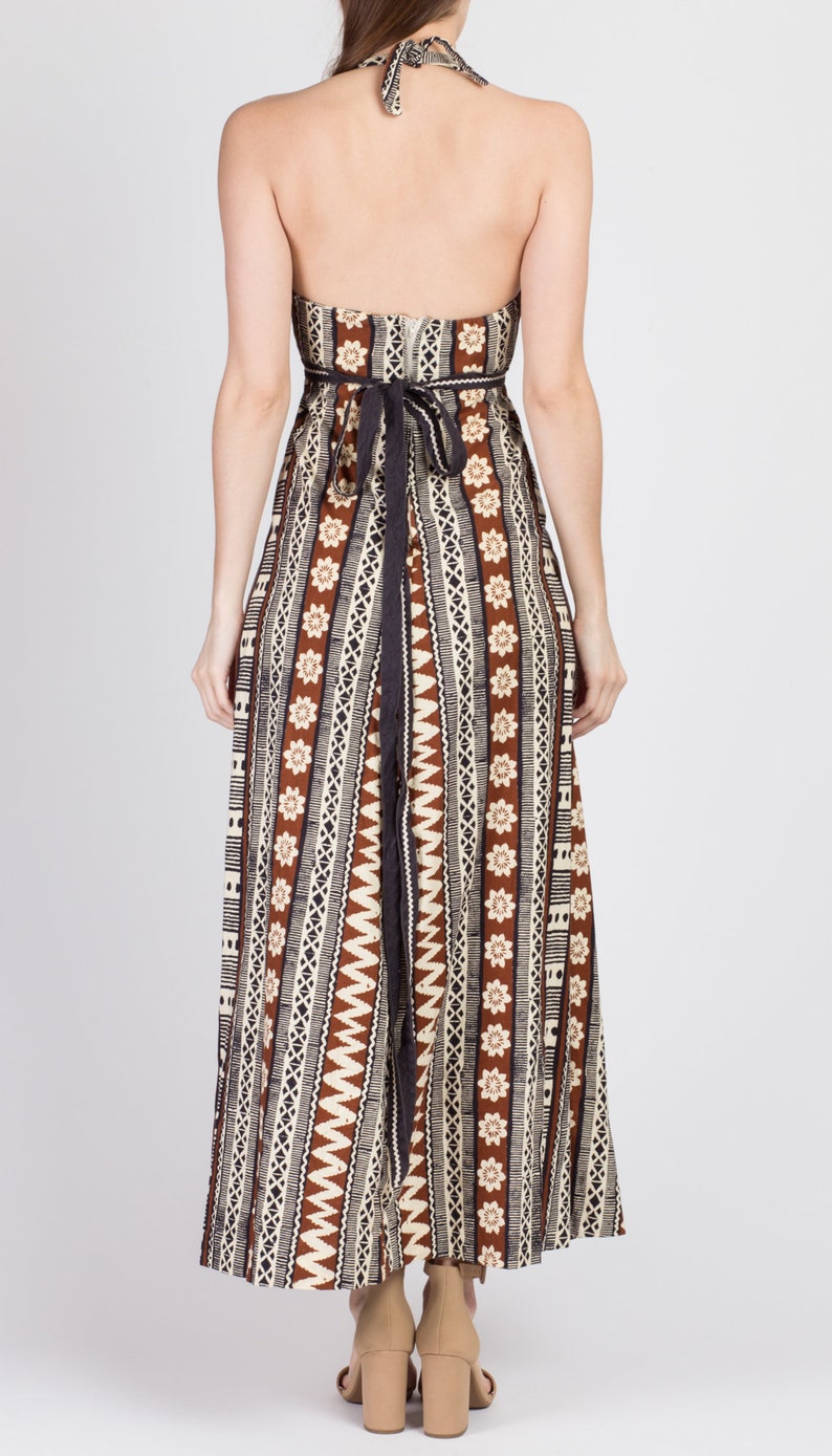 Vintage Floral Tiki Print Hippie Summer Sundress 70s Lanz Originals Boho Halter Maxi Dress Extra Small