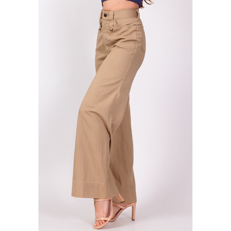 70s High Waisted Khaki Twill Flared Pants Extra Small, 24 Vintage H.I.S. Retro Flares Hippie Trousers image 4