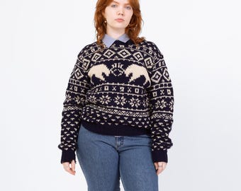 Vintage 80s Battling Caribou Nordic Fair Isle Sweater - Large | Navy Blue Wool Chunky Knit Winter Ski Pullover