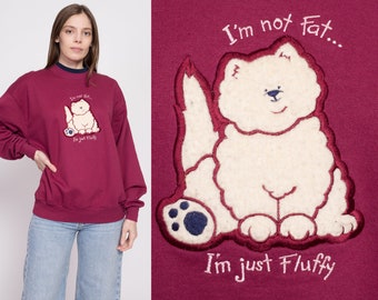 Années 90 « Je ne suis pas gros, je suis juste moelleux » Sweat-shirt pour chat Grand | Vintage vin rouge drôle Animal graphique col pull ras du cou