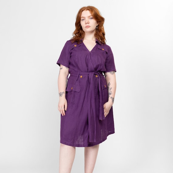 Lrg-xl 90s La Perla Anna Club Purple Linen Midi Wrap Dress | Vintage Short  Sleeve Double Breasted Shirtdress