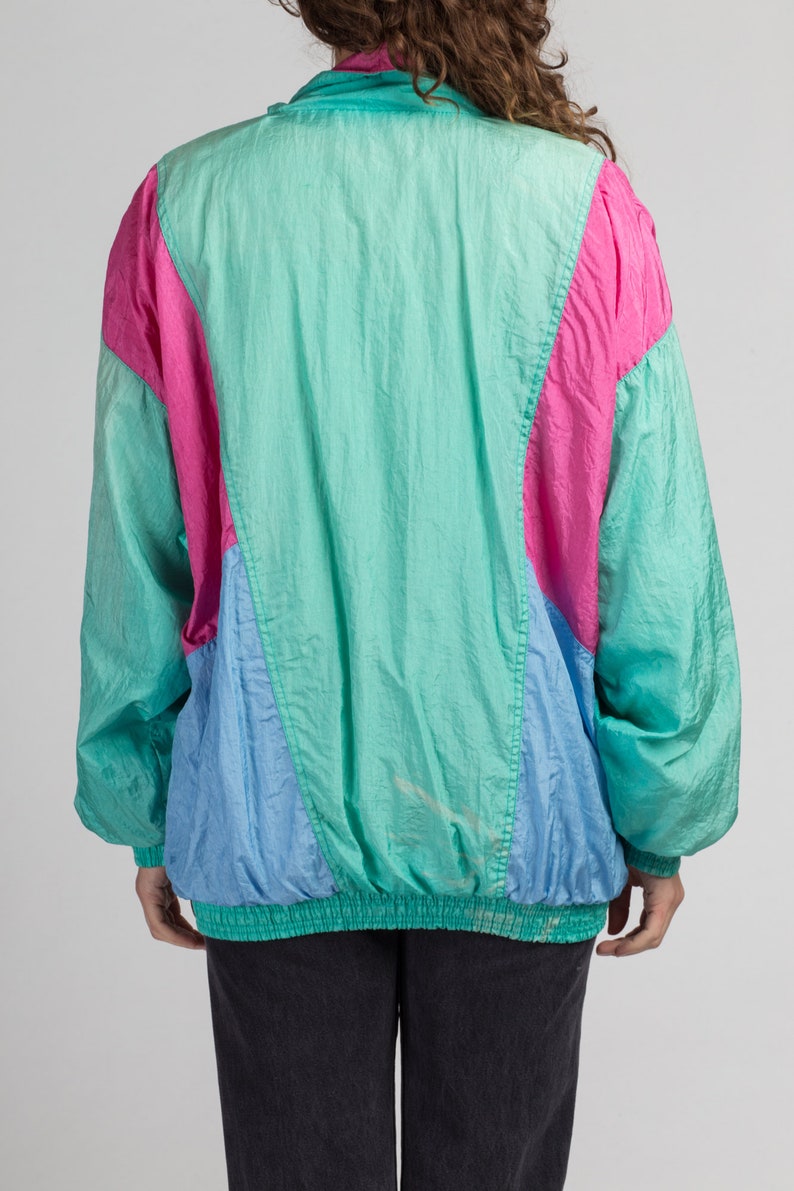 80s Teal Green Color Block Windbreaker Extra Large Vintage Pink Blue Zip Up Track Jacket