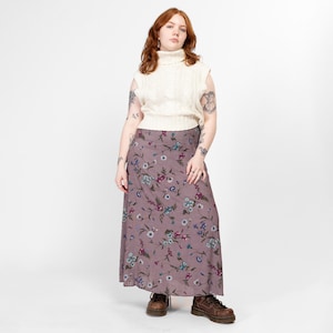 Large 90s Purple Painted Floral Maxi Skirt 33&quot; | Vintage Grunge A Line Ankle Length Skirt