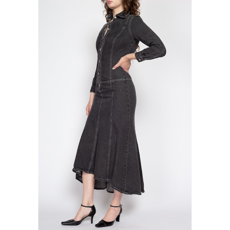 XS 90s Black Denim Maxi Dress Vintage Maximalist Long Sleeve High Low Mermaid Hem Grunge Jean Dress image 3