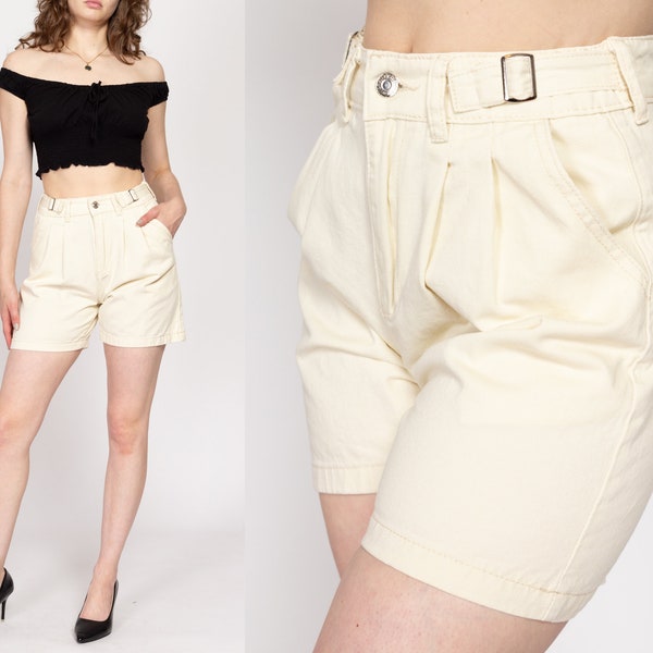 Small Retro Cream Cinched Waist Jean Shorts 26"-27" | Pleated Denim High Waisted Cotton Twill Shorts