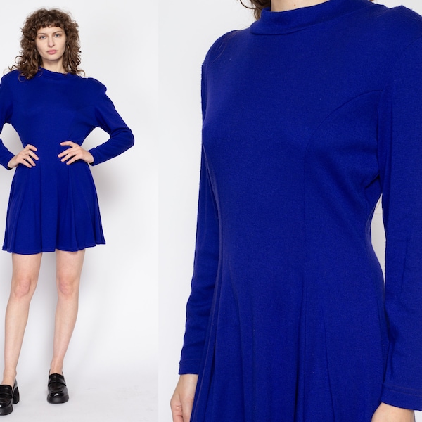 Med-Lrg 80s Royal Blue Knit Mini Sweater Dress | Vintage Long Sleeve Mockneck Dress