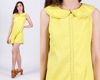 60s Chartreuse Embroidered Bib Collar Romper Small | Vintage Sleeveless Boho Mini Playsuit