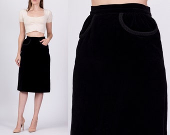 XS 1960s Black Velvet Knee Length Skirt 25" | Vintage 60s High Waisted A Line Pencil Mini Skirt