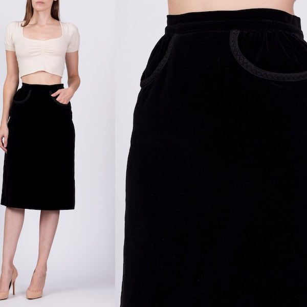 XS 1960s Black Velvet Knee Length Skirt 25" | Vintage 60s High Waisted A Line Pencil Mini Skirt
