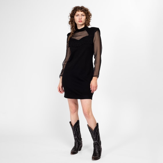 Medium 90s Black Sheer Panel Fringe Sweater Dress | Vintage Long Sleeve  Fitted Mini Cocktail Party Dress - Etsy Canada
