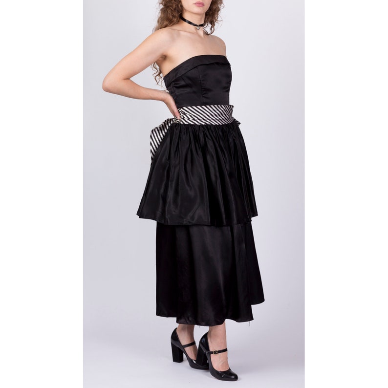Vintage Gunne Sax Strapless Striped Satin Party Dress Medium 80s Black White Fit Flare Midi Prom Formal Gown image 4
