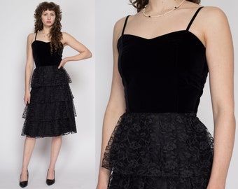 Small 80s Black Velvet & Lace Cupcake Party Dress | Vintage Tiered Fit Flare Spaghetti Strap Formal Midi Prom Gown
