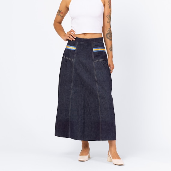 Vintage 70s Denim Striped Pocket Midi Skirt Medium, 29" Waist