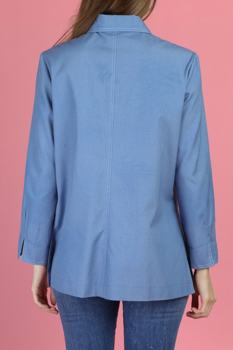 Medium 70s Mod Blue Pointed Collar Shirt Vintage Button Up Long Sleeve Overshirt Disco Top