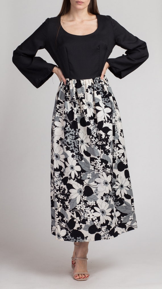 70s Black & White Floral Maxi Dress Medium to Lar… - image 3