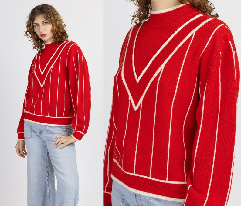 Medium 80s Red /& White Chevron Striped Sweater Vintage Mockneck Lightweight Knit Pullover Jumper