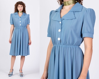 Large 80s Does 50s Blue Polka Dot Midi Dress | Vintage Blue White Button Up Puff Sleeve Fit Flare Shirt Dress