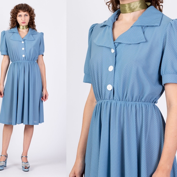 Large 80s Does 50s Blue Polka Dot Midi Dress | Vintage Blue White Button Up Puff Sleeve Fit Flare Shirt Dress