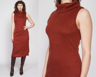 Medium 80s Burnt Orange Knit Turtleneck Sweater Dress | Vintage Sleeveless Collared Midi Dress