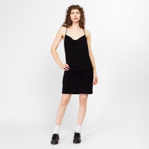 Large Y2K Cache Black Blouson Mini Dress | Vintage Strappy Drop Waist Party Dress