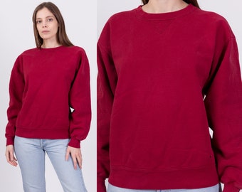 Medium 90s Wine Red Crewneck V Stitch Sweatshirt Men's | Vintage Unisex Plain Cotton Blend Blank Pullover
