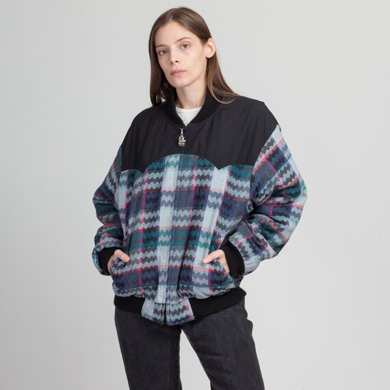 Medium 80s Zig Zag Plaid Bomber Coat Men