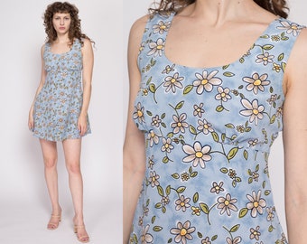 90s Blue Daisy Floral Mini Babydoll Dress Medium | Vintage A Line Sleeveless Scoop Neck Sundress