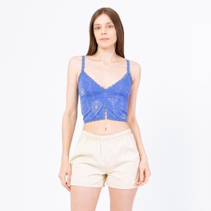 Vintage Y2K Periwinkle Split Front Crop Top - Small | Boho 2000s Vine Print Lace Trim Summer Cropped Camisole Tank