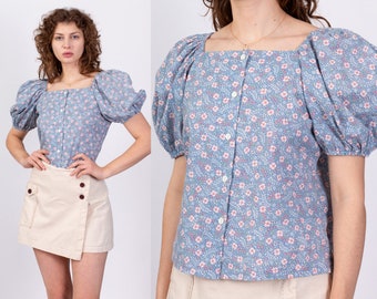 Medium 80s Blue Calico Floral Puff Sleeve Blouse | Vintage Square Neck Prairie Cottagecore Button Up Top