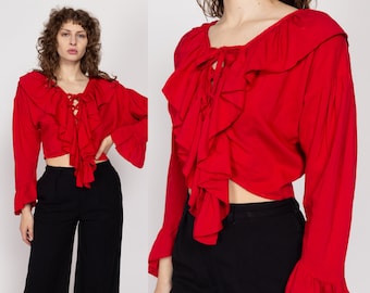 Medium 80s Red Ruffled Cropped Blouse | Vintage Corset Tie Long Sleeve Crop Top