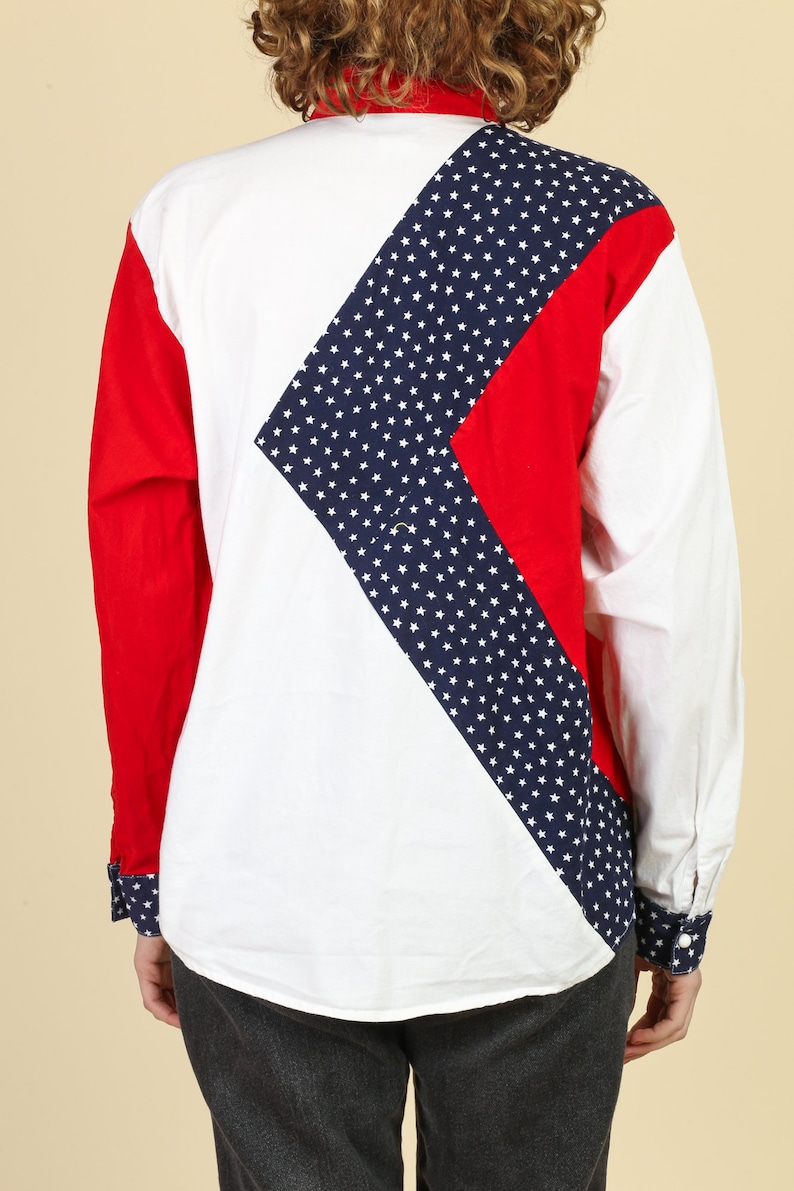 Large Vintage Red White /& Blue Button Up Flag Shirt 80s Americana Western Shirt