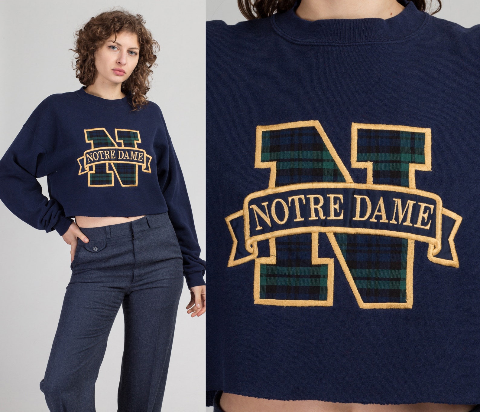 80s 90s Cropped Notre Dame Sweatshirt Large Vintage Navy | Etsy