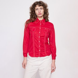 70s Mod Red Button Up Top - Extra Small | Vintage Collared Long Sleeve Contrast Stitch Shirt