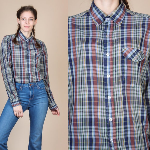 70s Plaid Shirt - Large | Vintage Sheer Button Up Collared Top