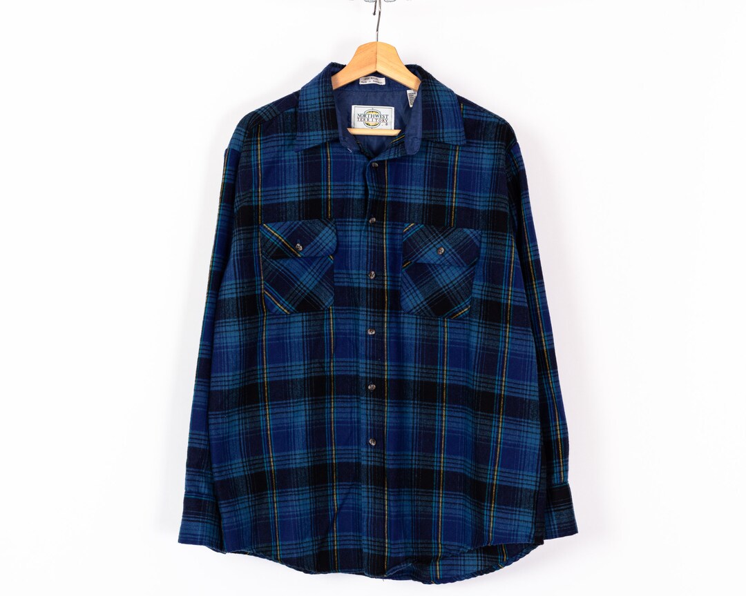 80s 90s Blue Plaid Overshirt Men's Large Vintage Grunge Lumberjack
