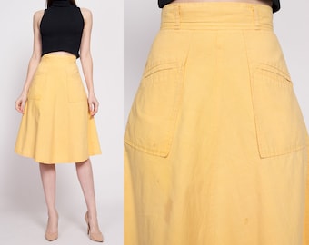 70s Canary Yellow Pocket Skirt Extra Small, 24.5" | Vintage Boho High Waisted A-Line Midi Skirt