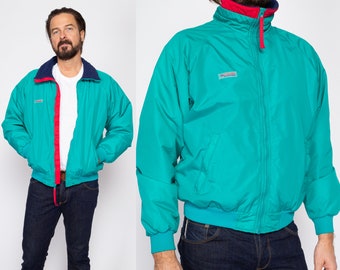 Middellange jaren 90 Columbia Teal fleece gevoerde jas | Vintage kleurrijke streetwear bomberjas met radiale mouwen